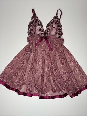 Fairycore Floral Lace Burgundy Babydoll Lingerie Dress Women’s Size Large